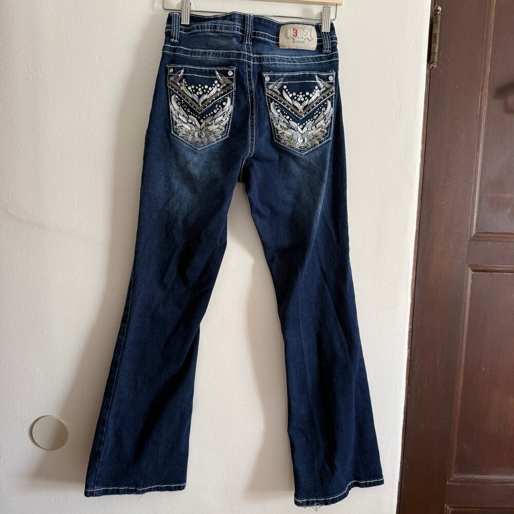 REBEL JEANS | Dark Blue Faded Bootcut Embellished Pocket Jeans | Size 9